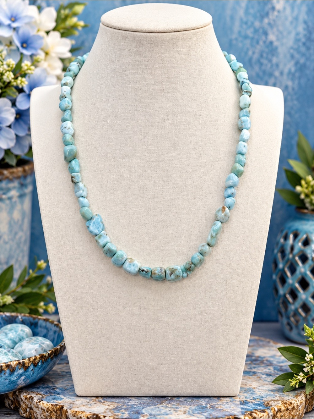 Larimar Beaded Necklace - Light Blue Natural Stone Necklace Aprilsplace